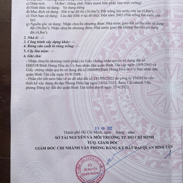 Bán 55 m2 đất full thổ Bình Hưng Hoà Bình Tân 