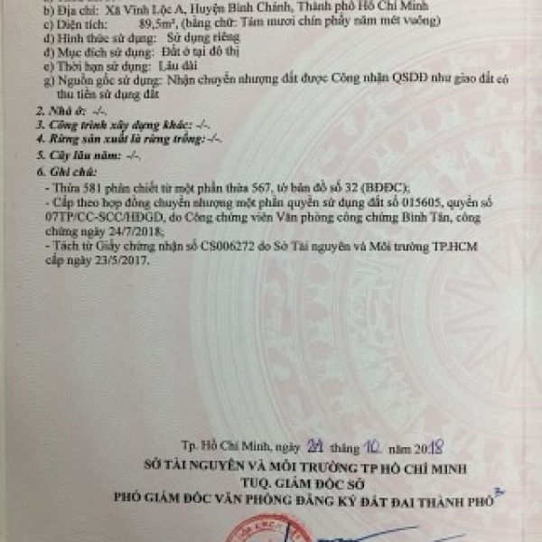 Bán đất ở 5*18 m   2,65 tỷ , sổ  riêng  Bình Chánh